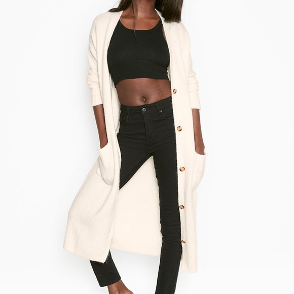 NWT Victorias Secret Fuzzy Long Cardigan CREAM - Picture 1 of 3